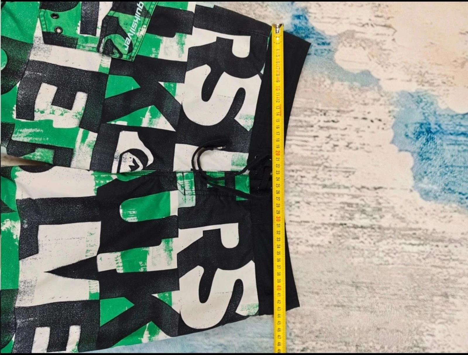 Quiksilver Boardshorts Verde Preto Branco Estampa Textual Y2K Surf Streetwear Tamanho M – photo 10